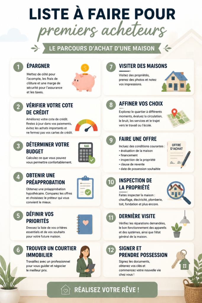 Checklist d'achat immobilier avec des points marquants pour les primo-accédants.