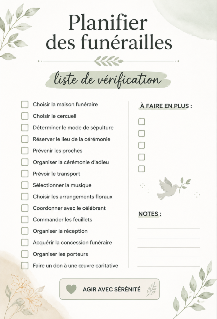 Une checklist sur un bureau pour l'organisation d'obsèques.
