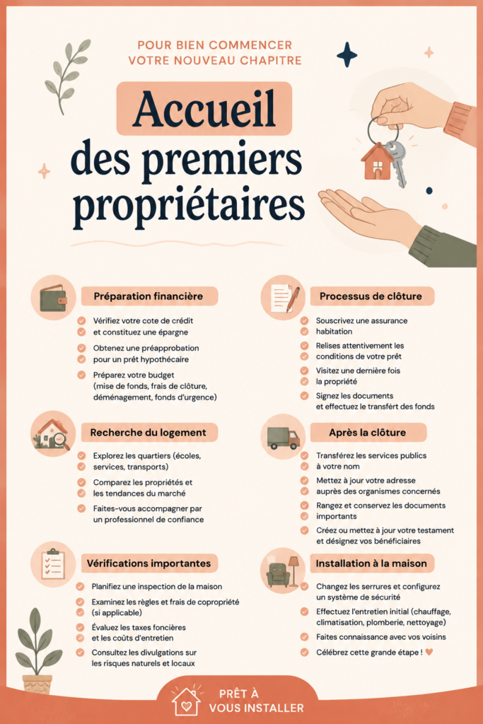 Checklist pour primo-accédants avec des étapes clés pour l'achat immobilier.