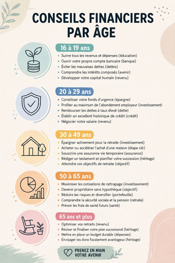 Femme souriante travaillant sur ses finances, représentant la gestion financière à chaque étape de la vie.