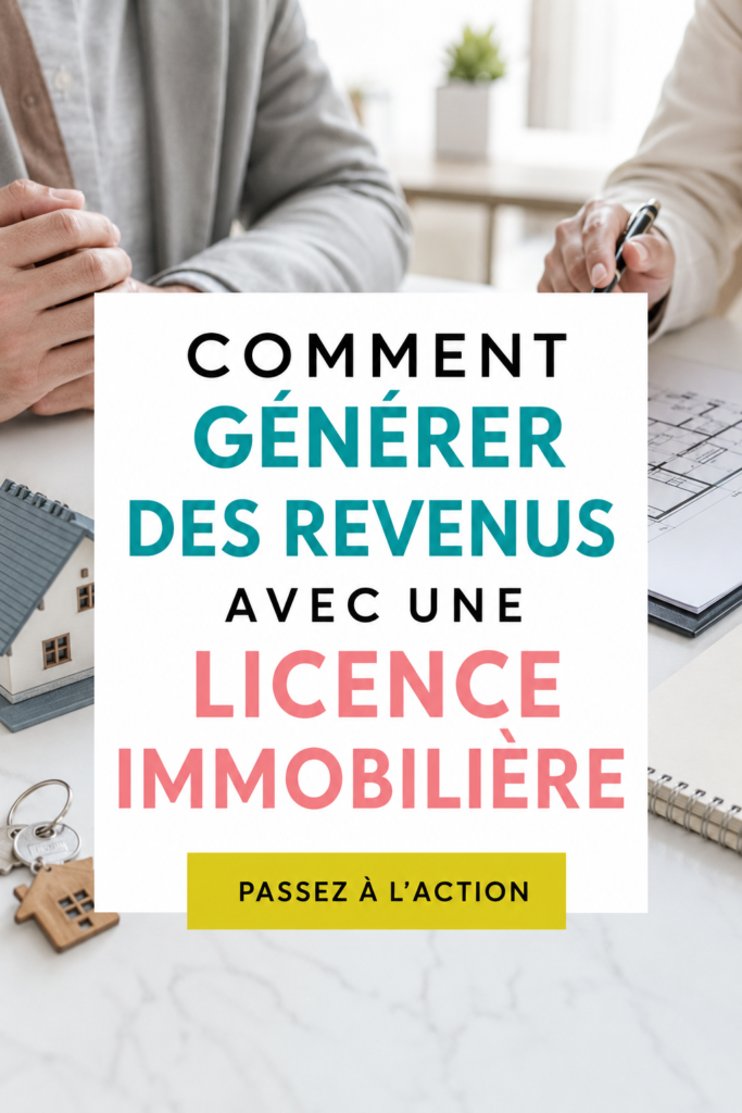 Femme souriante tenant des clés de maison avec une licence immobilière en arrière-plan.