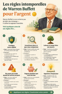 Illustration de Warren Buffett partageant ses conseils financiers sur l'investissement