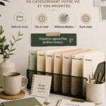 Un bureau rangé avec un système de classement bien organisé, représentant l'efficacité et la sérénité.