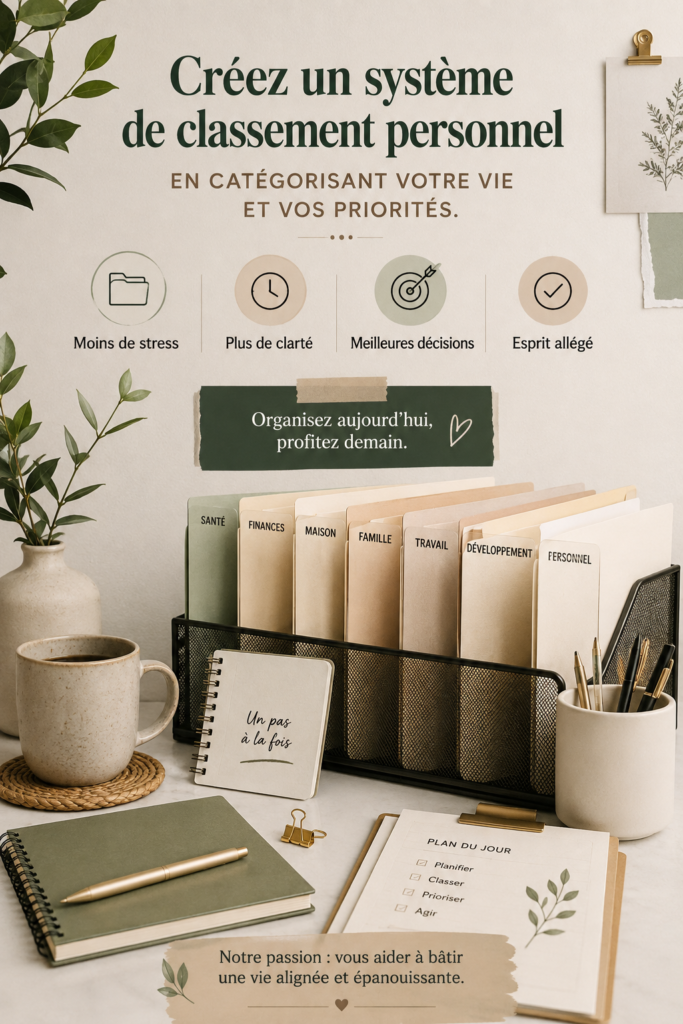 Un bureau rangé avec un système de classement bien organisé, représentant l'efficacité et la sérénité.