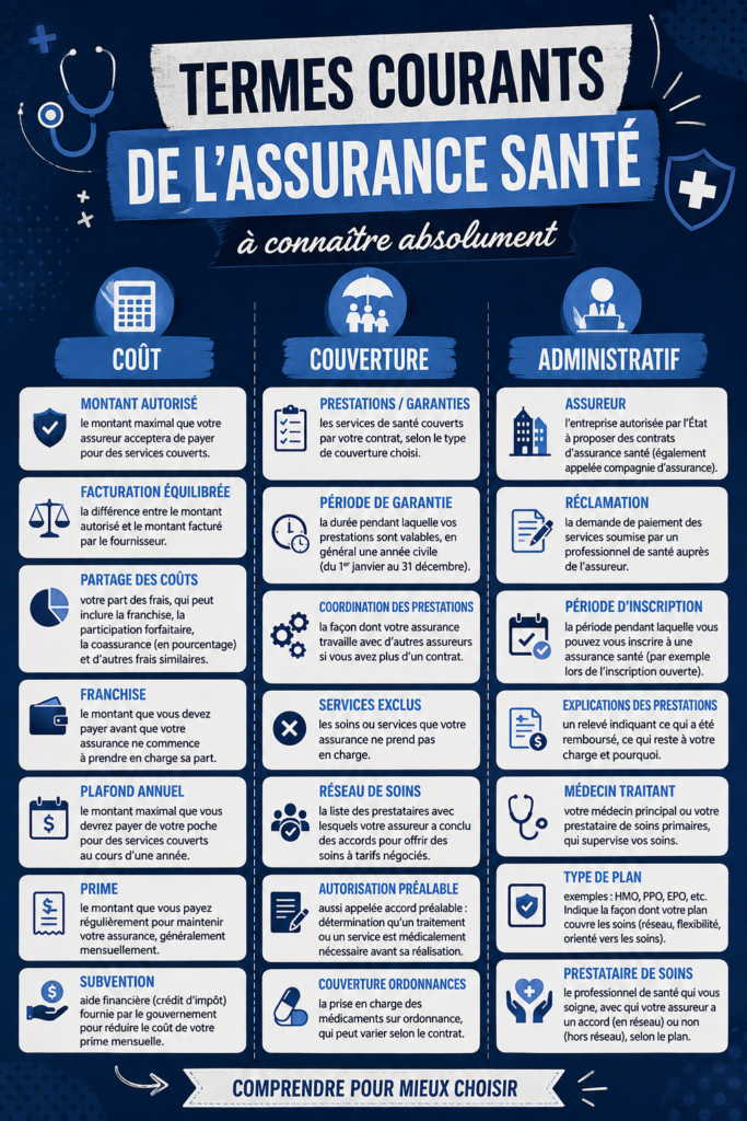 Illustration représentant des termes d'assurance santé expliqués simplement