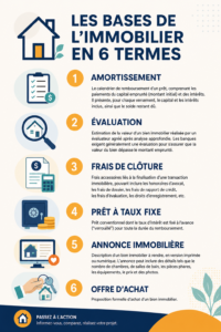Femme lisant un guide sur les termes immobiliers, entourée de notes et de livres.