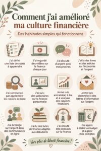 Femme souriante consultant un plan financier avec un carnet et un stylo, illustrant la culture financière.