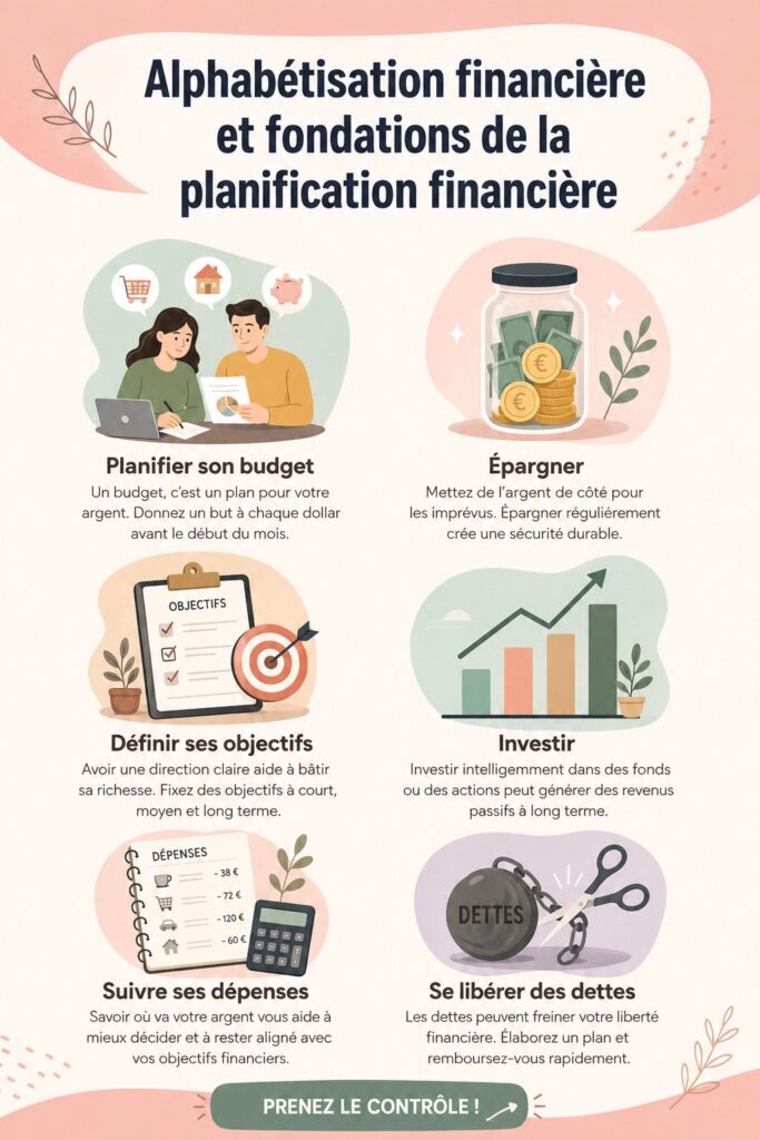 Femme en train de planifier son avenir financier avec des documents et un ordinateur.