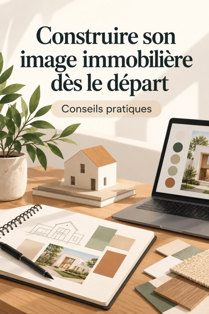Une femme souriante créant une marque immobilière avec un ordinateur portable.