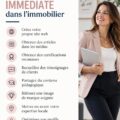 Une femme souriante dans un bureau immobilier, symbolisant la crédibilité