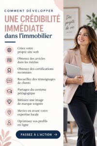 Une femme souriante dans un bureau immobilier, symbolisant la crédibilité