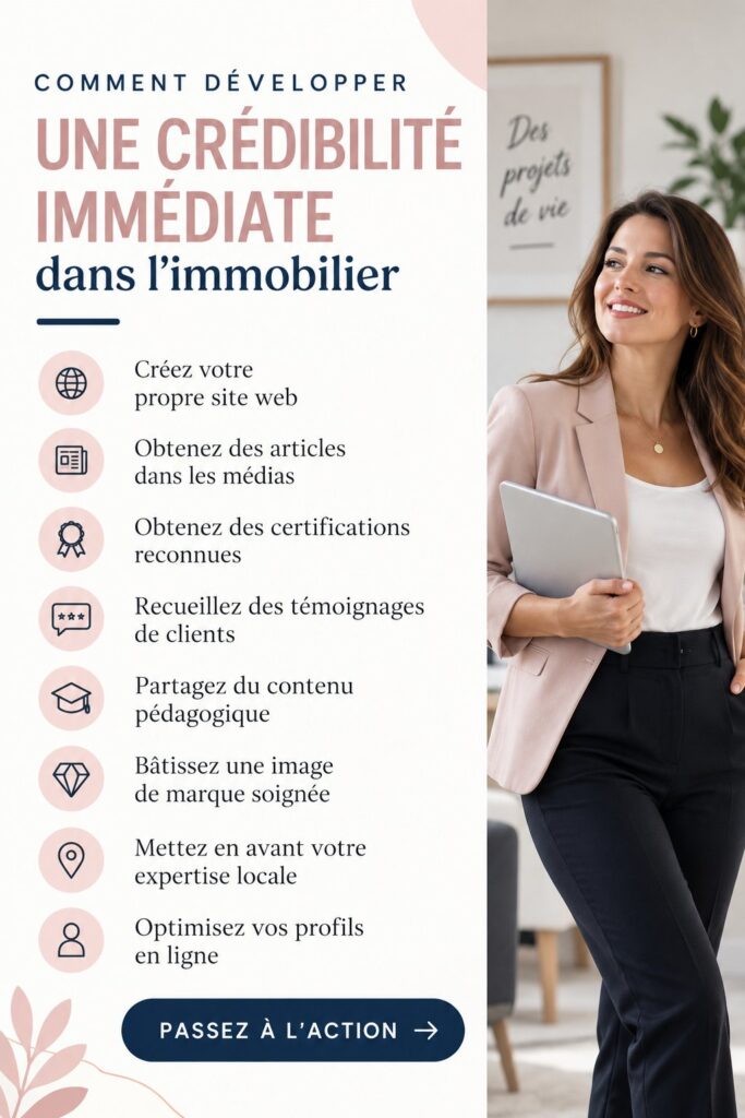 Une femme souriante dans un bureau immobilier, symbolisant la crédibilité