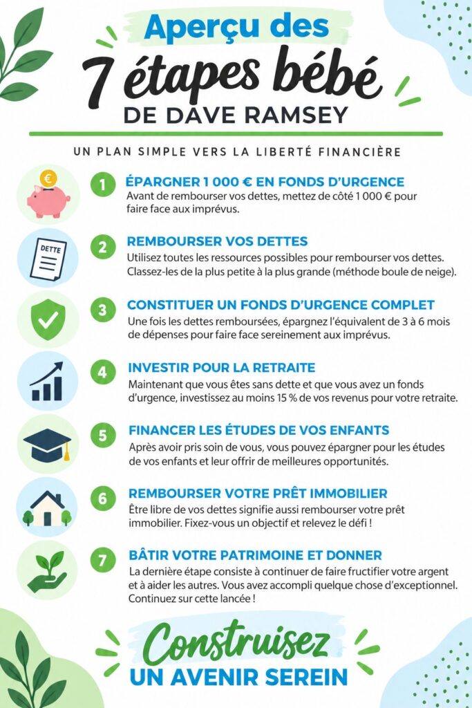 Illustration représentant les 7 étapes de la gestion financière selon Dave Ramsey, avec un accent sur le patrimoine.