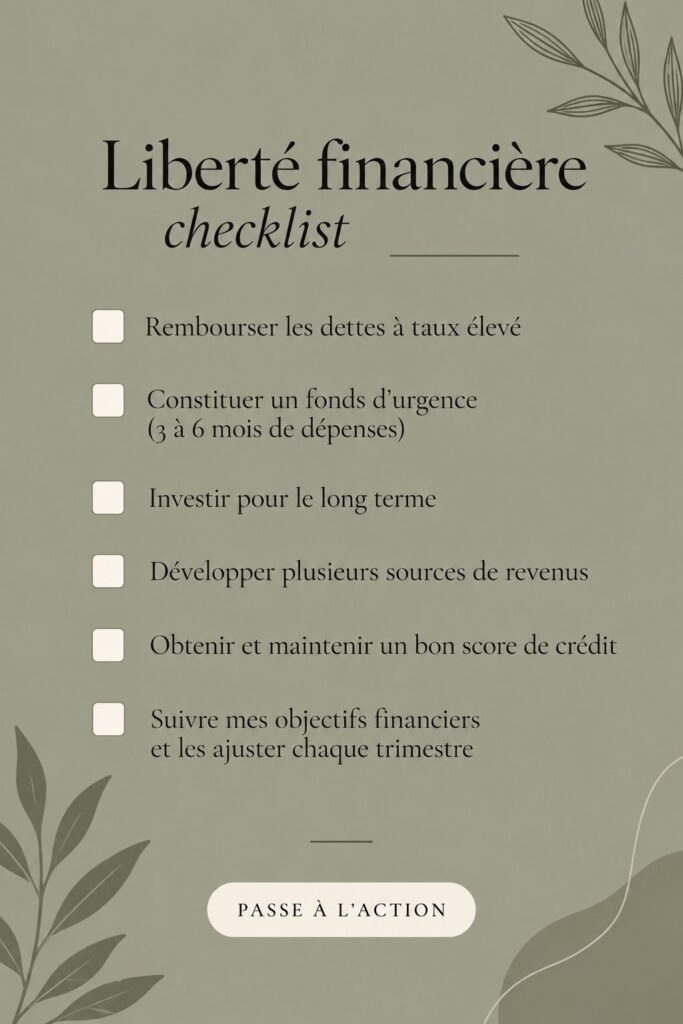 Femme heureuse réfléchissant à sa liberté financière avec une checklist en main.