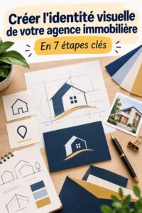 Logos et éléments visuels d'une marque immobilière avec une ambiance chaleureuse.