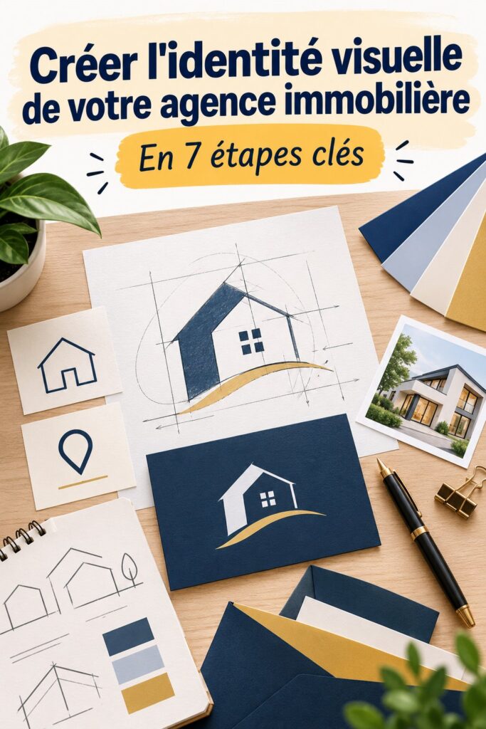 Logos et éléments visuels d'une marque immobilière avec une ambiance chaleureuse.