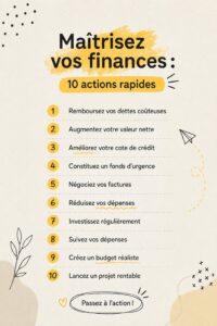 Femme souriante examinant ses finances avec un ordinateur et des documents