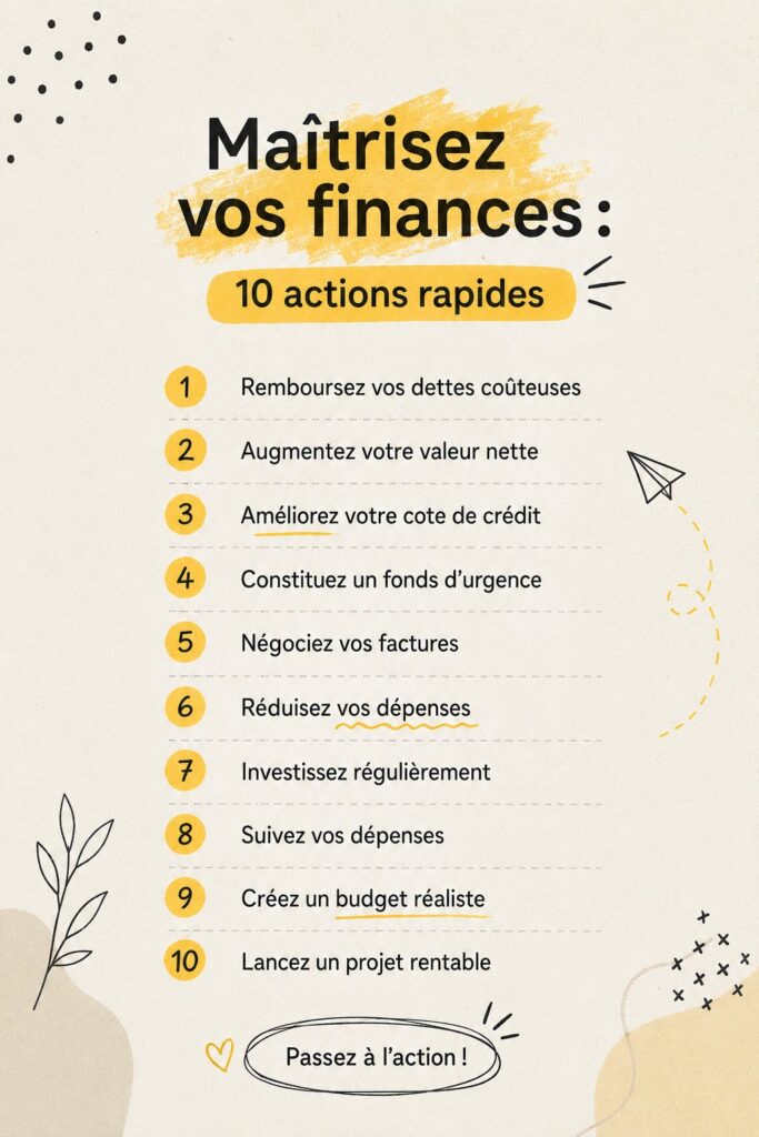 Femme souriante examinant ses finances avec un ordinateur et des documents