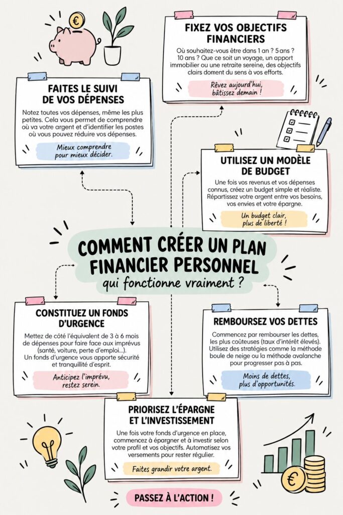 Femme réfléchissant à son plan financier avec un carnet et un ordinateur.