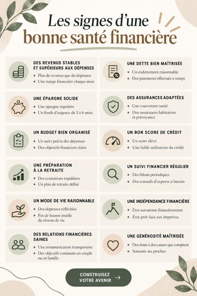 Visuel illustrant les signes d'une bonne santé financière, avec des graphiques et des indicateurs.
