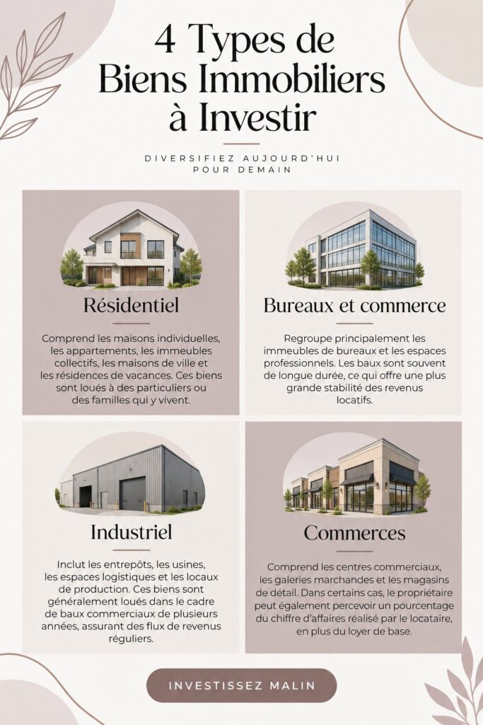 Visuel représentant divers types de biens immobiliers pour investissement.