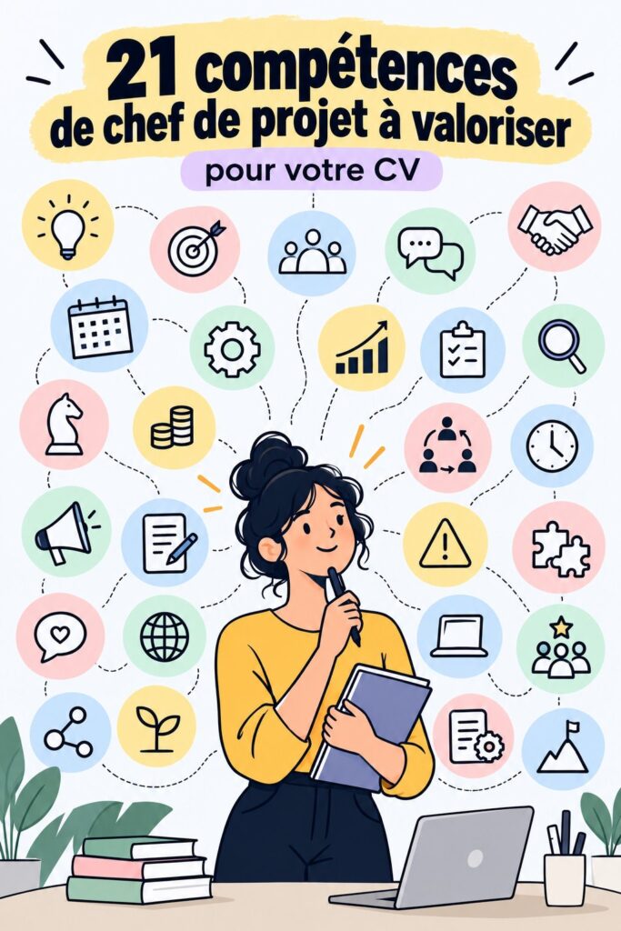 Femme professionnelle travaillant sur un projet, avec des notes et un ordinateur, illustrant les compétences en gestion de projet.