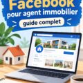 Création d'une page Facebook pour agent immobilier avec le logo Facebook et des éléments immobiliers.