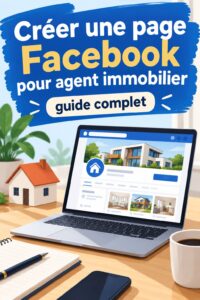 Création d'une page Facebook pour agent immobilier avec le logo Facebook et des éléments immobiliers.