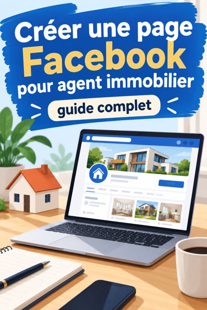 Création d'une page Facebook pour agent immobilier avec le logo Facebook et des éléments immobiliers.