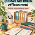 Femme organisant ses notes sur un bureau avec des fournitures scolaires
