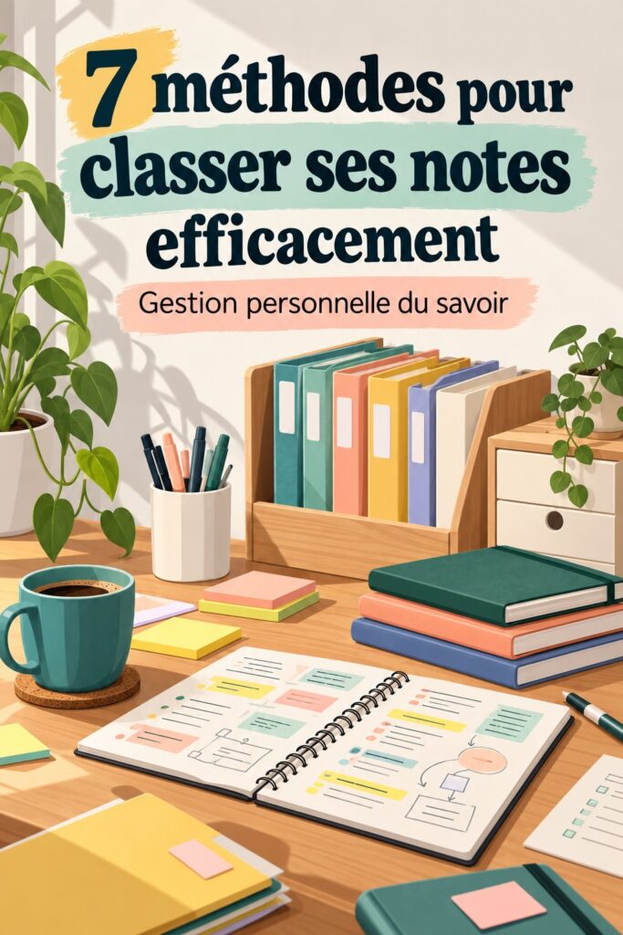Femme organisant ses notes sur un bureau avec des fournitures scolaires