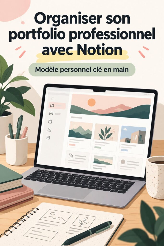 Capture d'écran d'un portfolio professionnel organisé avec Notion, mettant en valeur des projets et compétences.