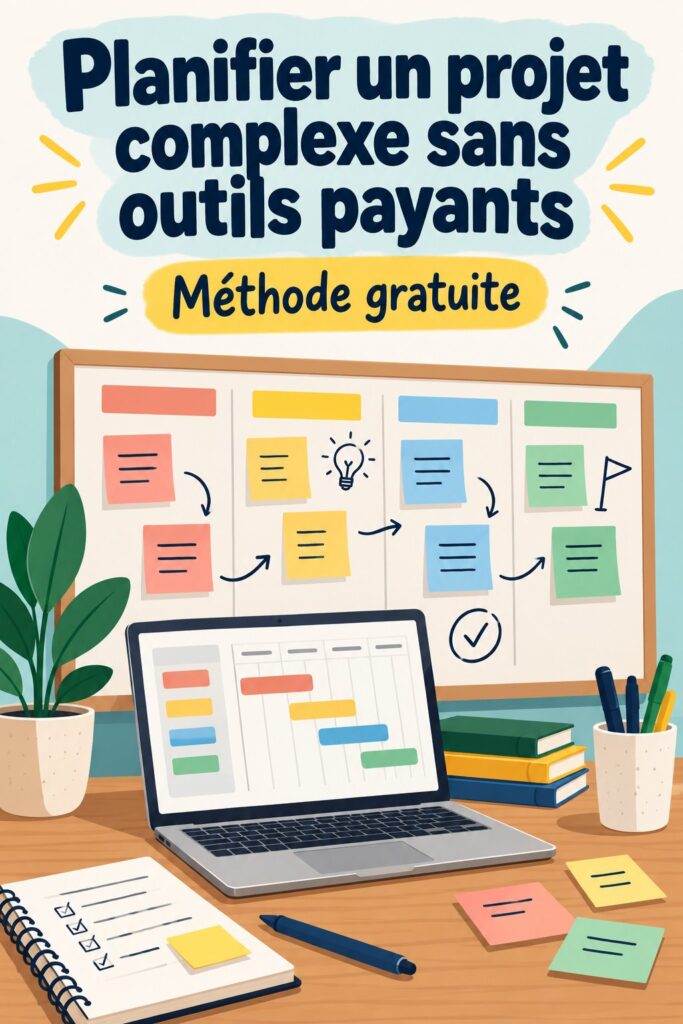 Femme planifiant un projet complexe sur un tableau blanc sans outils payants.