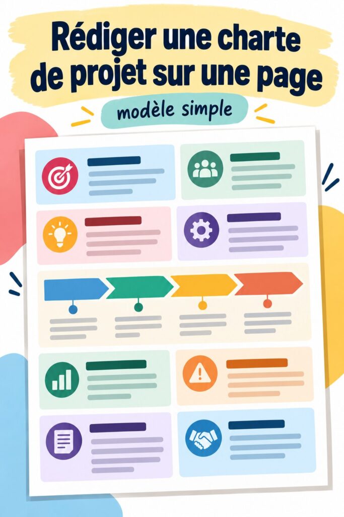 Une charte de projet claire sur une page, illustrant des éléments essentiels pour la gestion de projet.