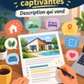 Femme rédigeant une annonce immobilière sur son ordinateur avec un sourire.