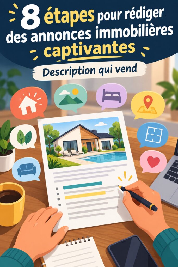 Femme rédigeant une annonce immobilière sur son ordinateur avec un sourire.
